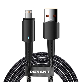 Кабель USB-A – Lightning, 2,4А, 1м, в черной нейлоновой оплетке, со световой индикацией REXANT