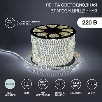 Лента светодиодная 220В, SMD2835, 180 LED/м, Холодный белый, 6,5x17мм, 100м, с кабелем питания, IP67 NEON-NIGHT