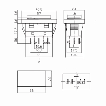 Переключатель (стеклоподъемника) клавишный 12В 20А (6с) (ON)-OFF-(ON) черный с подсветкой и проводом REXANT