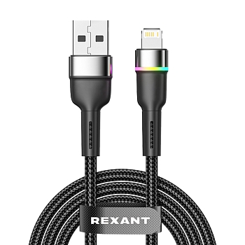 Кабель USB-A – Lightning, 2,4А, 1м, в черной нейлоновой оплетке, с LED подсветкой REXANT