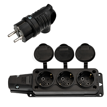 Набор розетка 3 гнезда переносная + вилка угловая 16А, IP54 каучук REXANT