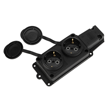 Розетка (колодка) влагозащищенная с крышкой 2 гнезда, 2Р+РЕ, 230В, с/3, 16А, IP44, каучук, черная PROconnect