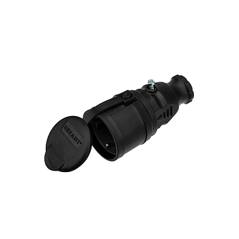 Розетка влагозащищенная переносная с крышкой 1 гнездо, с/з, 16А, IP44 каучук, черная REXANT