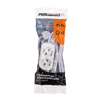 Удлинитель 2 гнезда, 3м, 3х0,75мм², с/з, белый PROconnect
