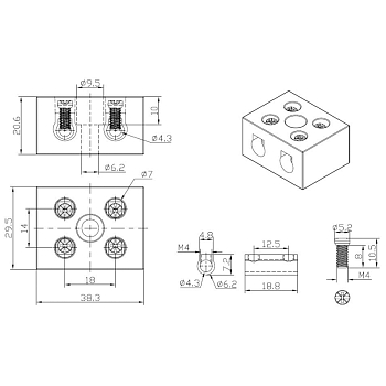 Клемма керамическая винтовая КВ 12 мм² 2 пары контактов с крепежным отверстием (50 шт./уп.) REXANT