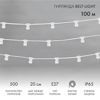 Гирлянда Белт-Лайт 2 жилы, 50м, шаг 20см, 250 патронов Е27, IP65, белый плоский провод каучук NEON-NIGHT
