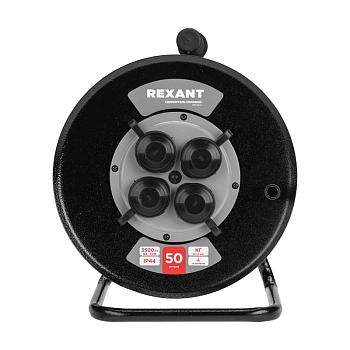 Удлинитель силовой КГ на катушке 4 гнезда, с/з, 50м, 3х1,5мм², IP44 c защитными крышками, металлическая катушка REXANT