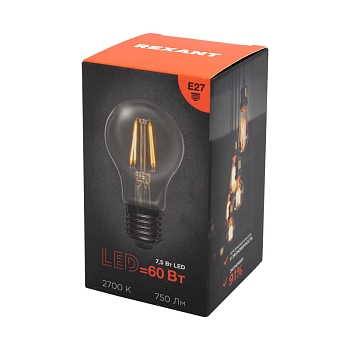 Лампа филаментная Груша A60 7,5Вт 750Лм 2700K E27 прозрачная колба REXANT