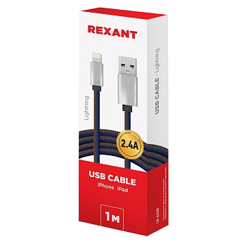Кабель USB-A – Lightning, 2,4A, 1м, в нейлоновой оплетке (джинсовая ткань) REXANT
