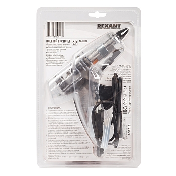 Пистолет клеевой, 60Вт, Ø11мм, ПРОЗРАЧНЫЙ корпус, с кнопкой, блистер REXANT
