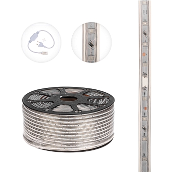 Лента светодиодная 220В, SMD2835, 4,8Вт/м, 60 LED/м, Желтый, 10х7мм, 100м, с кабелем питания, IP67 NEON-NIGHT