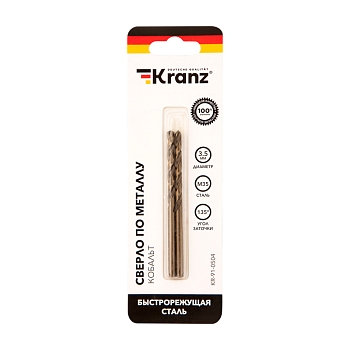 Сверло по металлу 3,5х70х39мм «Кобальт» (сталь HSS-Co 5% M35 P6M5K5) DIN 338, 2 шт. в блистере KRANZ