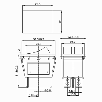 Выключатель клавишный 250В 15А (6с) ON-OFF синий с подсветкой, двойной REXANT