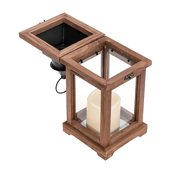 Декоративный фонарь со свечкой, корпус из дерева, размер 14х14х35cм, цвет теплый белый