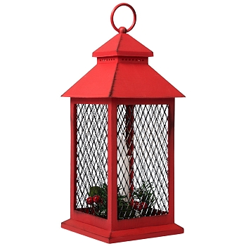 Декоративный фонарь со свечкой, красный корпус, размер 13,5х13,5х30,5 см, цвет ТЕПЛЫЙ БЕЛЫЙ