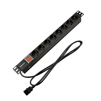 Блок распределения питания для 19" шкафов, горизонтальный, 8 розеток СЕЕ 7/4, 10A, выкл, алюм корп, шнур 2м, вилка C14 REXANT