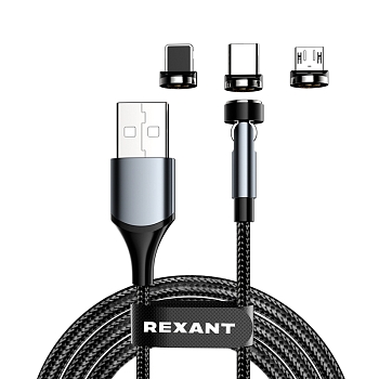 Кабель USB 3в1 со съемными магнитными портами, Type-С (2A), Lightning (2,4A), Micro USB (2A), 1,2м, в черной оплетке, с LED подсветкой REXANT