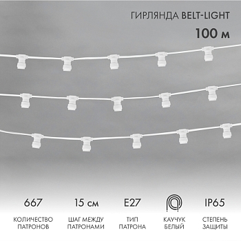 Гирлянда Belt-Light 2 жилы, 100м, шаг 15см, 667 патронов E27, IP65, белый провод NEON-NIGHT