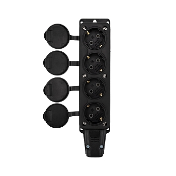 Розетка (колодка) влагозащищенная с крышкой 4 гнезда, с/з, 16А, IP54, каучук, черная REXANT