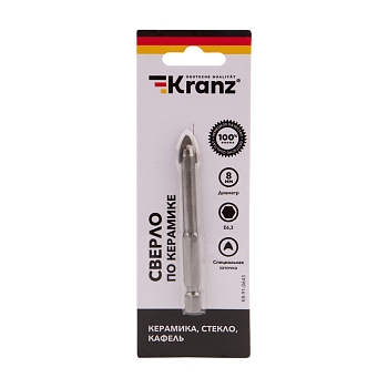 Сверло по стеклу и керамике 8 мм, 2 грани, шестигранный хвостовик Kranz