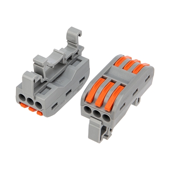 Клемма СМК 222-423D проходная 3-полюсная, с креплением на DIN-рейку (0,08-4 мм²) серая (50 шт./уп.) REXANT