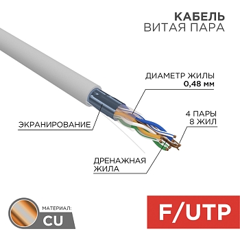 Кабель витая пара F/UTP, CAT 5е, PVC, 4PR, 24AWG, INDOOR, SOLID, серый, 100м PROconnect