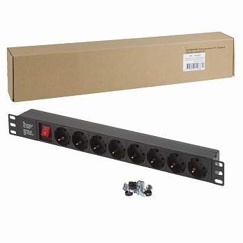 Блок розеток 19", 1U, 16А, 8 розеток, корпус пластик, без шнура питания
