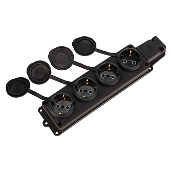 Розетка (колодка) влагозащищенная с крышкой 4 гнезда, 2Р+РЕ, 230В, с/3, 16А, IP44, каучук, черная PROconnect