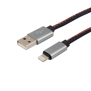 Кабель USB-A – Lightning, 2,4A, 1м, в нейлоновой оплетке (джинсовая ткань) REXANT