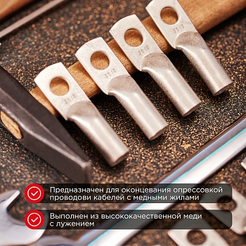 Наконечник медный луженый ТМЛ 35–10–10 (35мм² - Ø10мм) ГОСТ 7386-80 (в упак. 50 шт.) REXANT