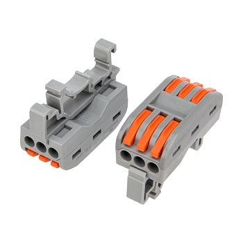 Клемма СМК 222-423D проходная 3-полюсная, с креплением на DIN-рейку (0,08-4 мм²), серая (5 шт./уп.) REXANT