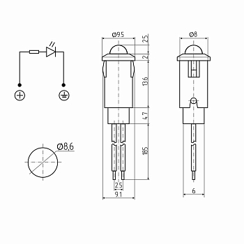 Индикатор Ø8 12В с проводом красный LED (WL-04)  REXANT