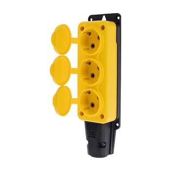 Розетка (колодка) влагозащищенная с крышкой 3 гнезда, с/з, 16А, IP54, каучук, желтая REXANT