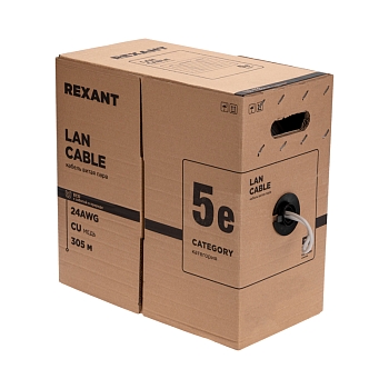Кабель витая пара U/UTP, CAT 5e, PVC, 4PR, 24AWG, INDOOR, SOLID, серый, 305м, РФ REXANT