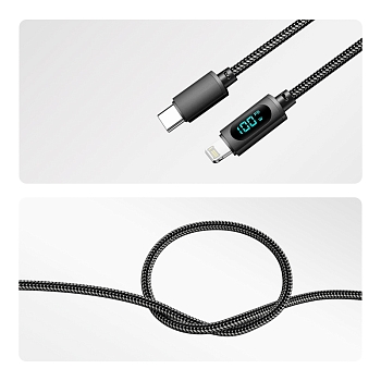 Кабель Type-C – Lightning, 3А, 1м, в черной нейлоновой  оплетке, с LED-дисплеем REXANT