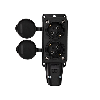 Розетка (колодка) влагозащищенная с крышкой 2 гнезда, с/з, 16А, IP54, каучук, черная REXANT