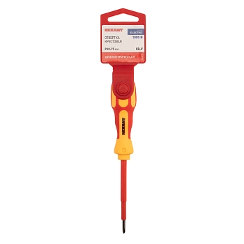 Отвертка крестовая диэлектрическая PH0х75мм, до 1000В, двухкомпонентная рукоятка REXANT