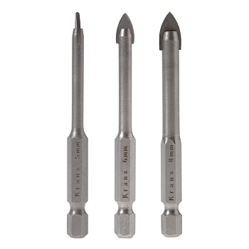 Набор сверл по керамической плитке, 5-6-8мм, шестигранный хвостовик KRANZ