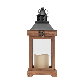 Декоративный фонарь со свечкой, корпус из дерева, размер 14х14х35cм, цвет теплый белый