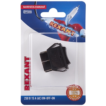 Переключатель клавишный 250В 15А (6с) ON-OFF-ON черный с нейтралью (1 шт/уп) REXANT