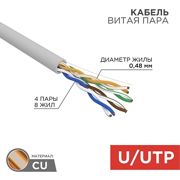 Кабель витая пара U/UTP, CAT 5e, ZH нг(А)-HF, 4PR, 24AWG, INDOOR, SOLID, серый, 305м REXANT