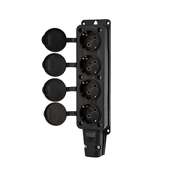 Розетка (колодка) влагозащищенная с крышкой 4 гнезда, с/з, 16А, IP54, каучук, черная REXANT