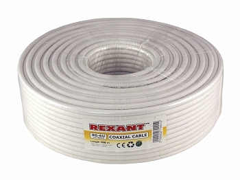 Кабель коаксиальный RG-6U, 75Ом, Cu/Al/Cu, 64%, 100м, INDOOR, белый REXANT