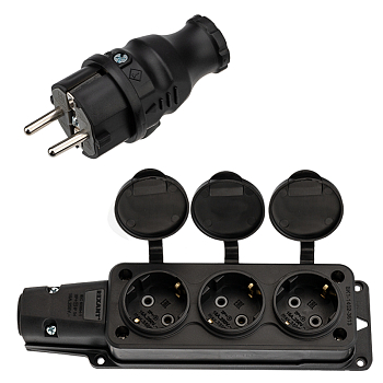 Набор розетка 3 гнезда переносная + вилка 16А, IP54 каучук REXANT