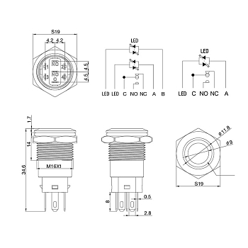 Кнопка антивандальная Ø16 12В(LED) Б/Фикс (5с) OFF-(ON)/ON-(OFF) синяя (A-16-C4) REXANT