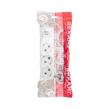 Удлинитель PREMIUM 3 гнезда, 3м, 3х1,5мм², с/з, 2 USB, белый REXANT