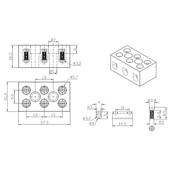 Клемма керамическая винтовая КВ 4 мм² 3 пары контактов с крепежным отверстием (100 шт./уп.) REXANT