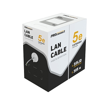 Кабель витая пара омедненный U/UTP, CCA, CAT 6, PVC, 4PR, 23AWG, INDOOR, SOLID, серый, 305м PROconnect