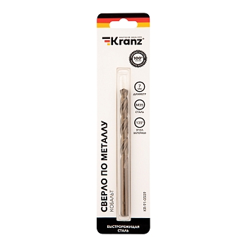 Сверло по металлу 7х109х69мм «Кобальт» (сталь HSS-Co 5% M35 P6M5K5) DIN 338, 1 шт. в блистере KRANZ