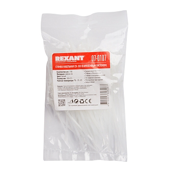 Стяжка нейлоновая с крепежным пистоном 100x2,5мм, ø 2,4мм, белая (100 шт/уп) REXANT